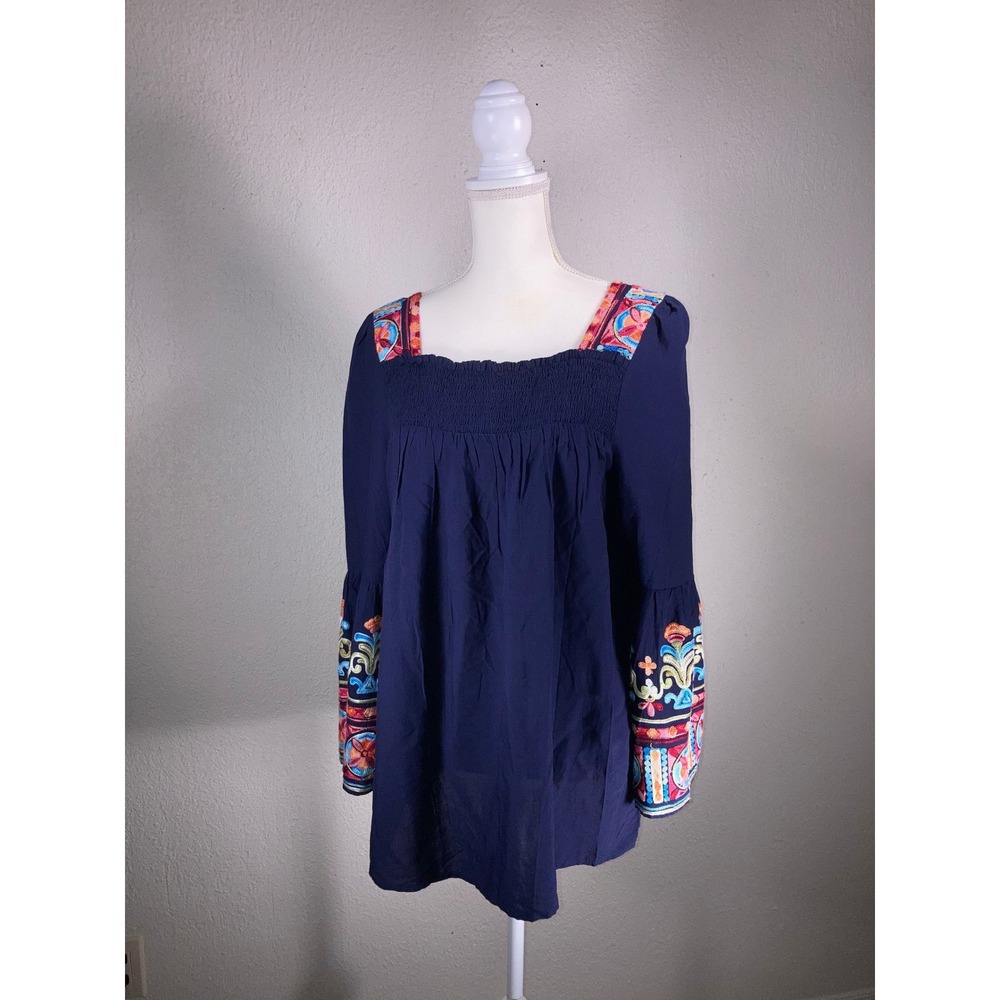 Cowgirl Legend Navy Blue Embroidered Bell Sleeve Peasant Top NWT LT-2019-02 L
